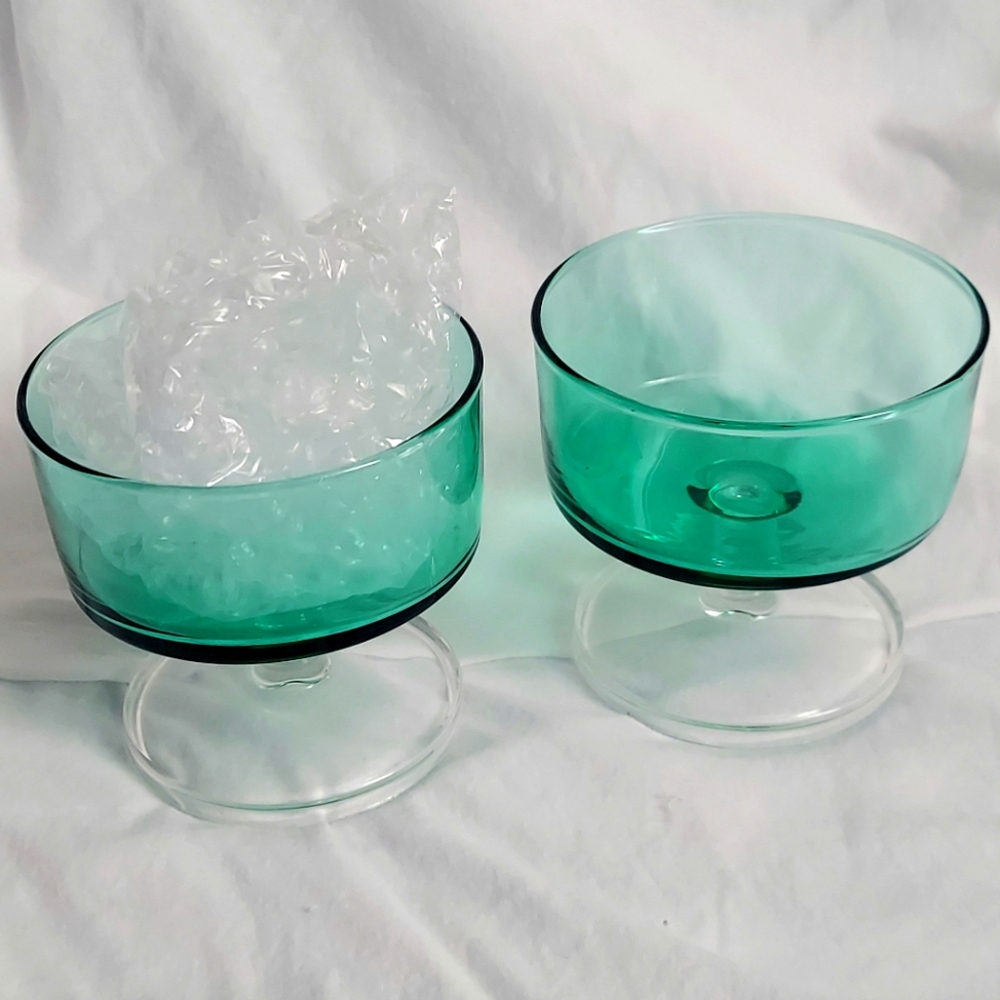 Elegant Vintage Green Glass, Clear footed Dessert Bowls 3.75" x 4" unbranded